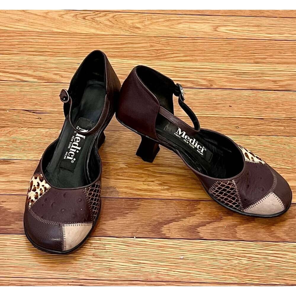 Medici Patchwork Leather Mary Jane Heels Ostrich Snakeskin Leopard Print Size 7